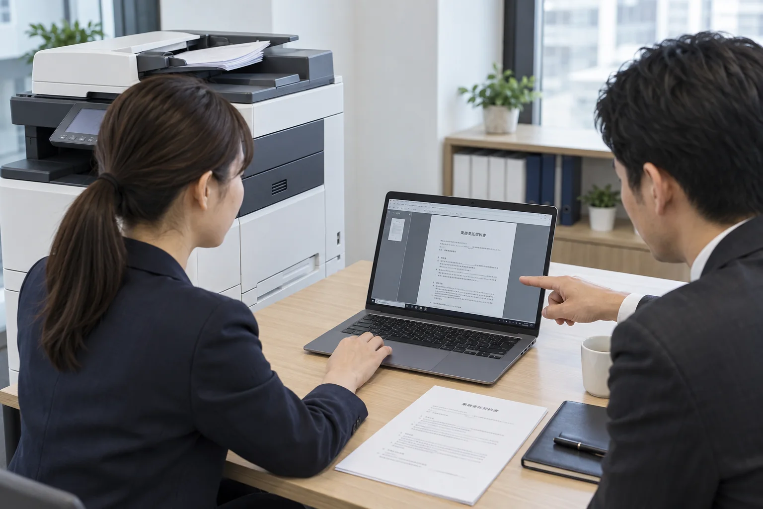 スキャンした書類をパソコンで確認する担当者