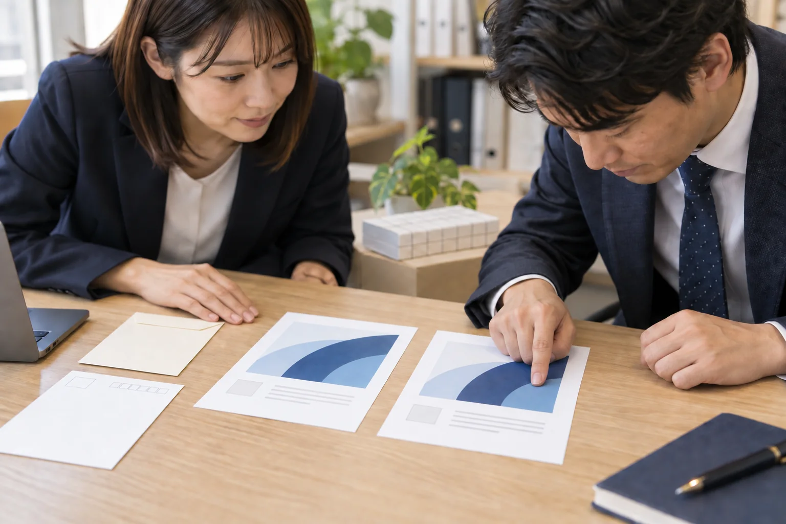 印刷済みの封筒や厚紙の仕上がりを確認する手元