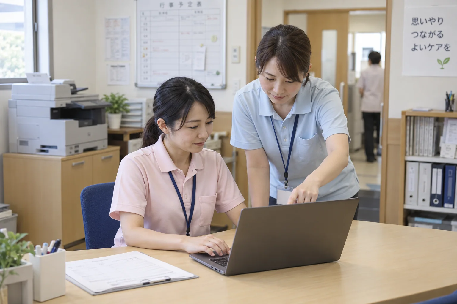 施設の職員がパソコンの文書一覧を見ながら引き継ぐ場面