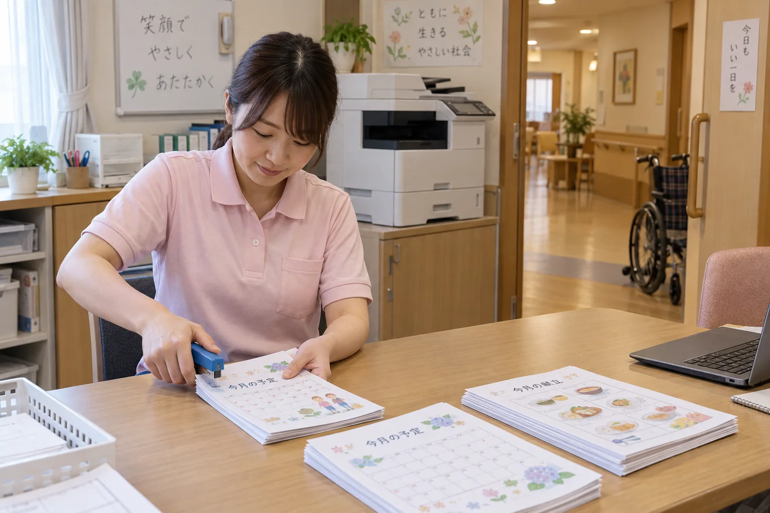 介護施設の職員が配布資料をホチキスで留める場面