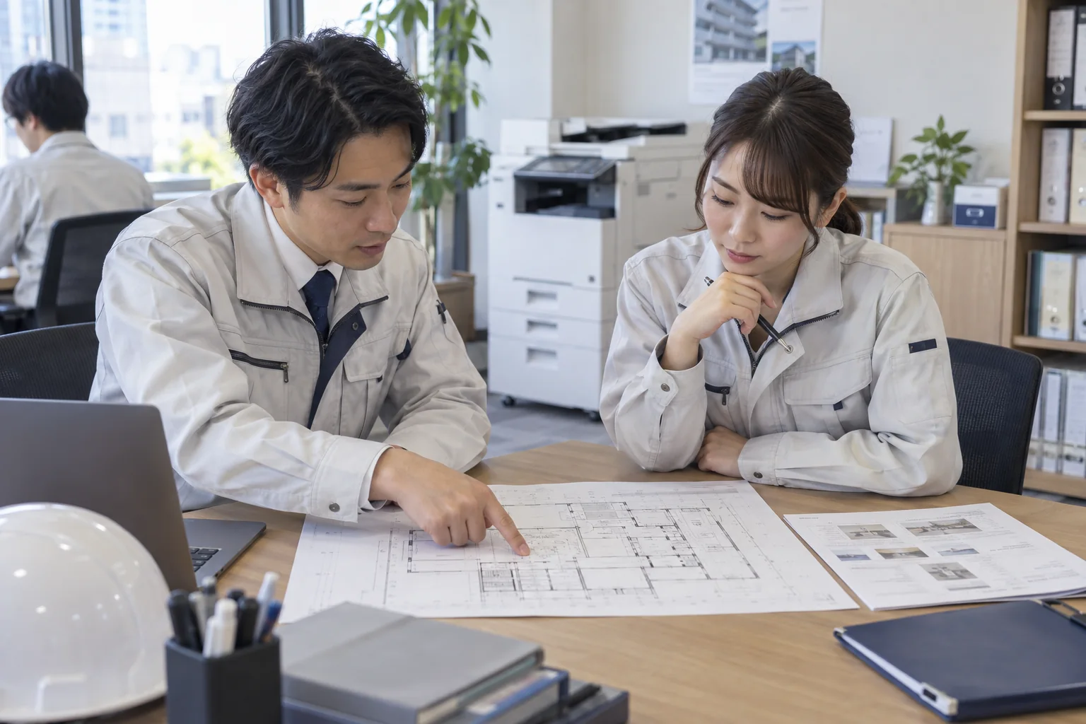 A3図面を広げて線や細部を確認する建設会社の担当者