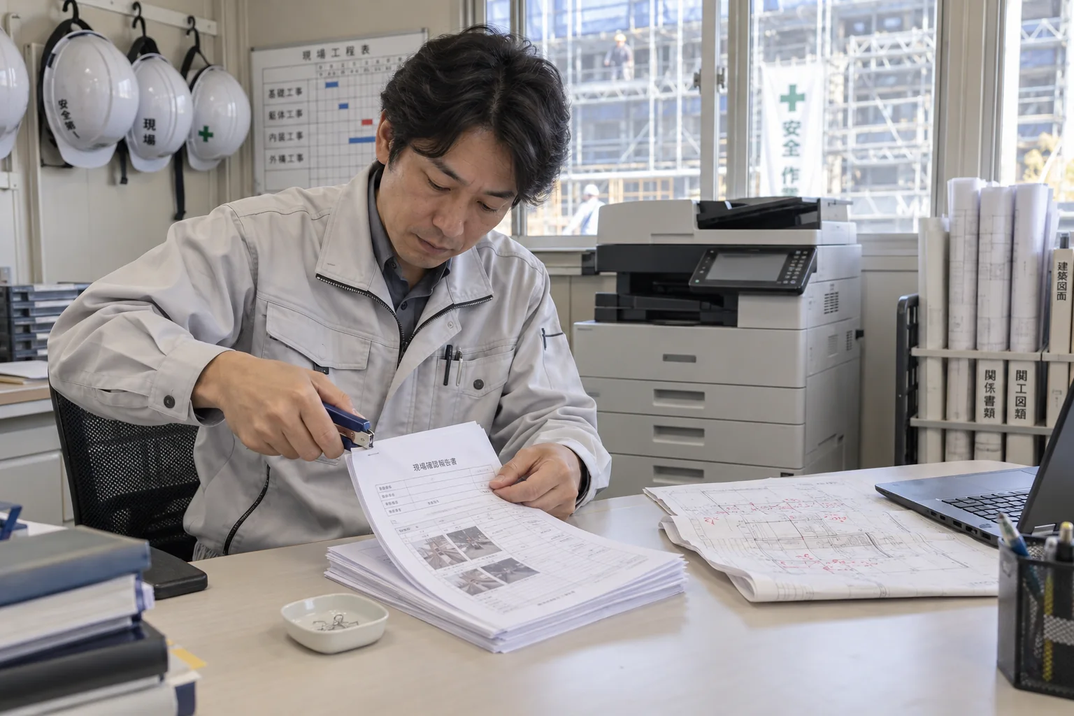 建設現場の事務所でスキャン前の書類から針を外す担当者