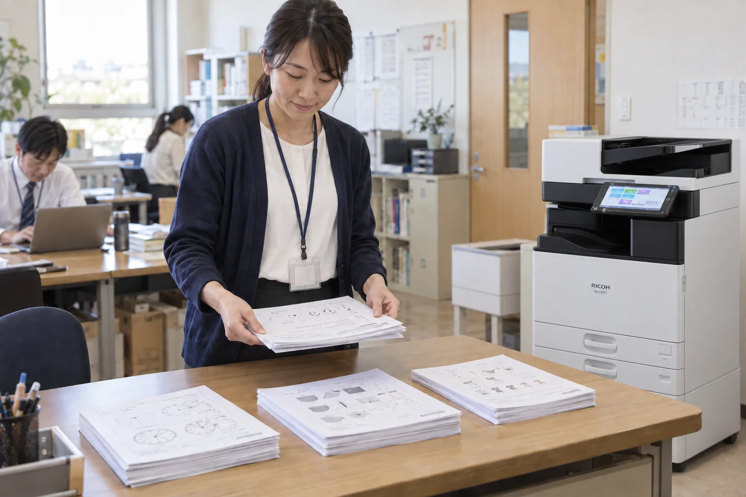 印刷した教材をクラスごとに仕分けする教員