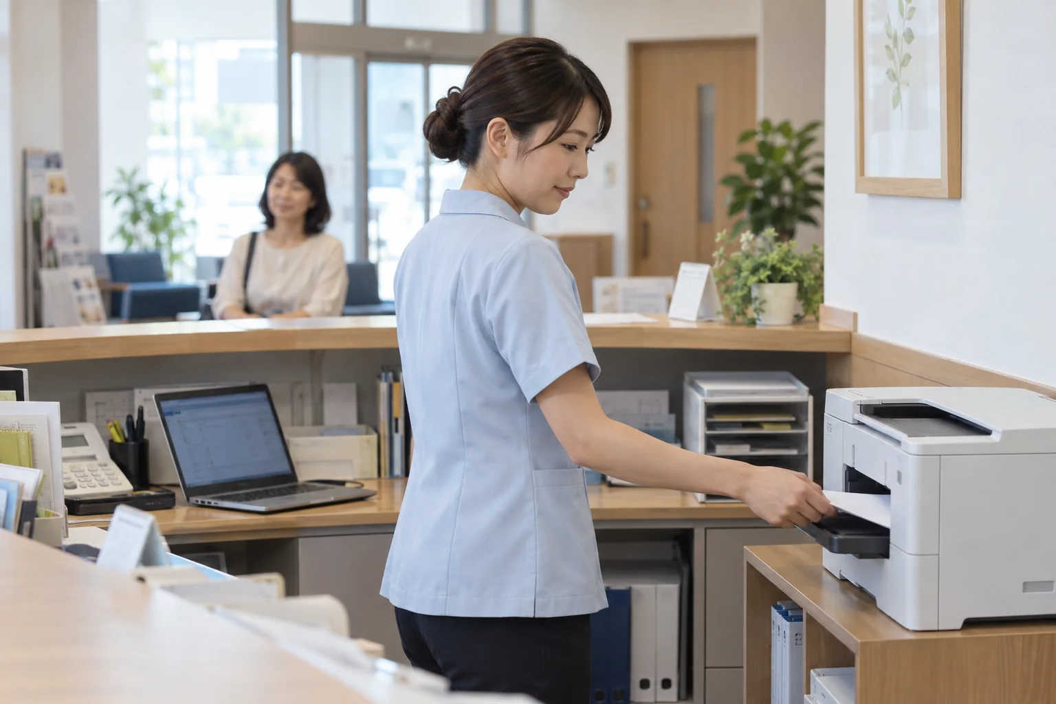 受付のプリンターから帳票を受け取る医療機関の事務職員