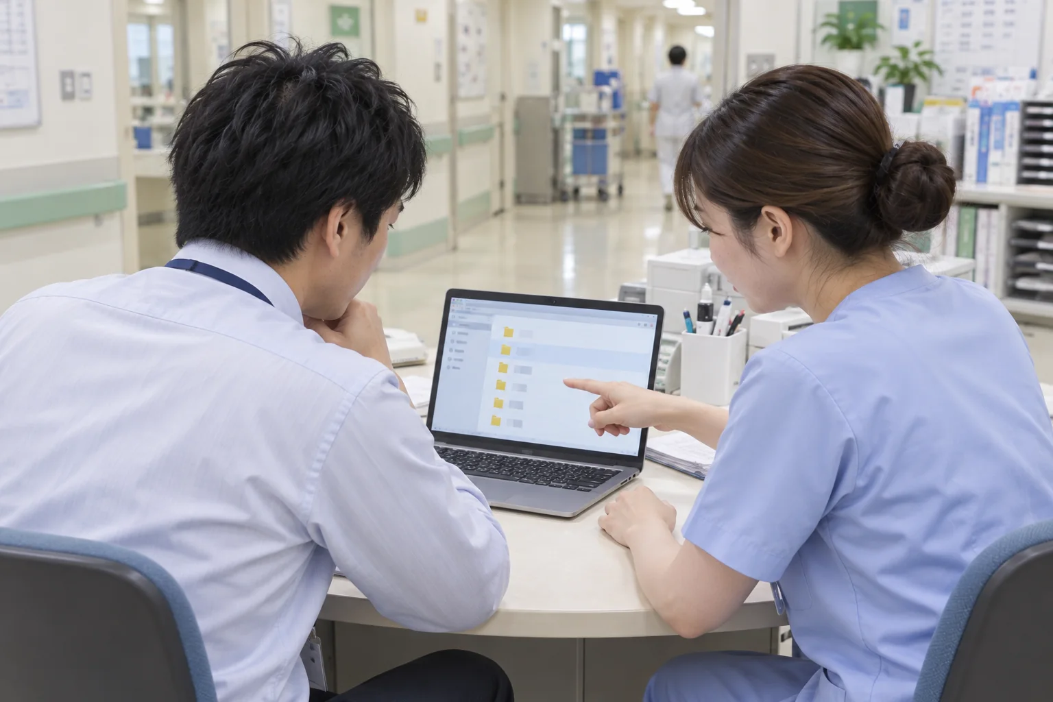 院内で文書の保存先や閲覧条件を確認する看護職員と管理担当者