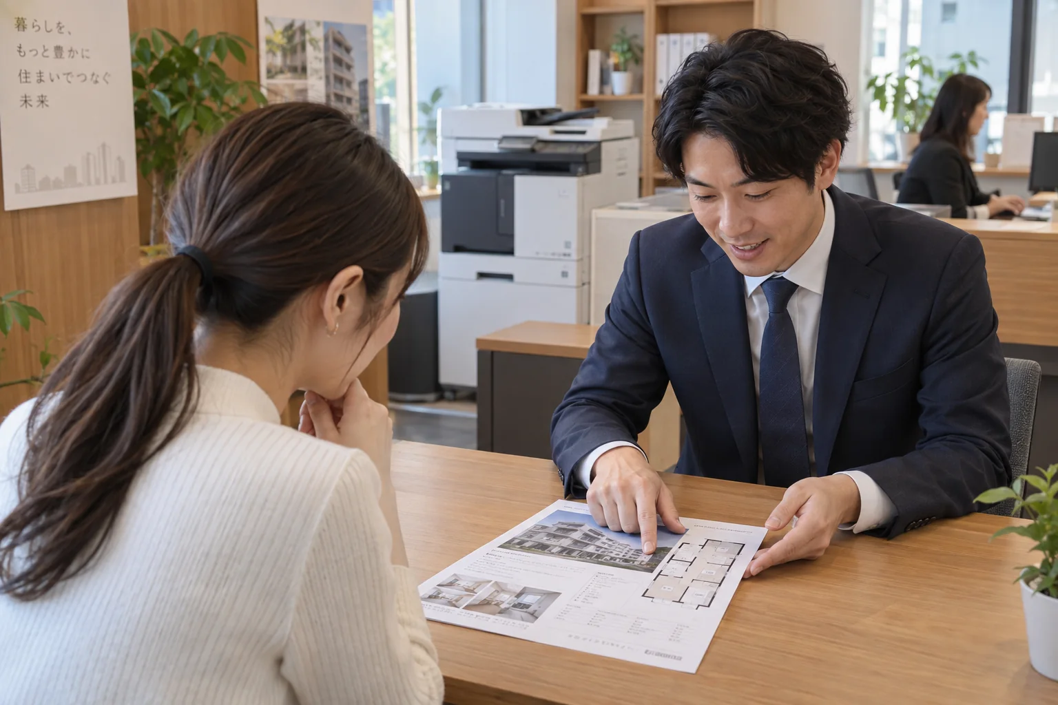 物件資料を指しながら来客へ説明する担当者