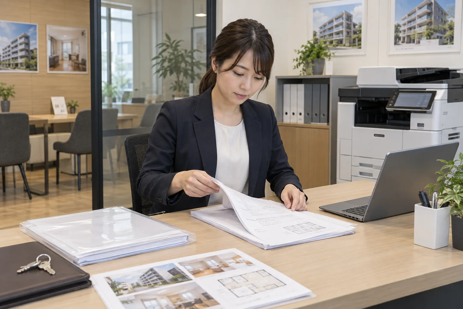 不動産店舗で案件ごとに契約書類を分ける担当者