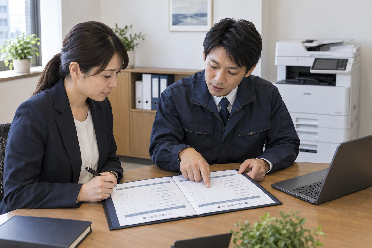 保守の対応範囲を資料で確認する利用者と担当者