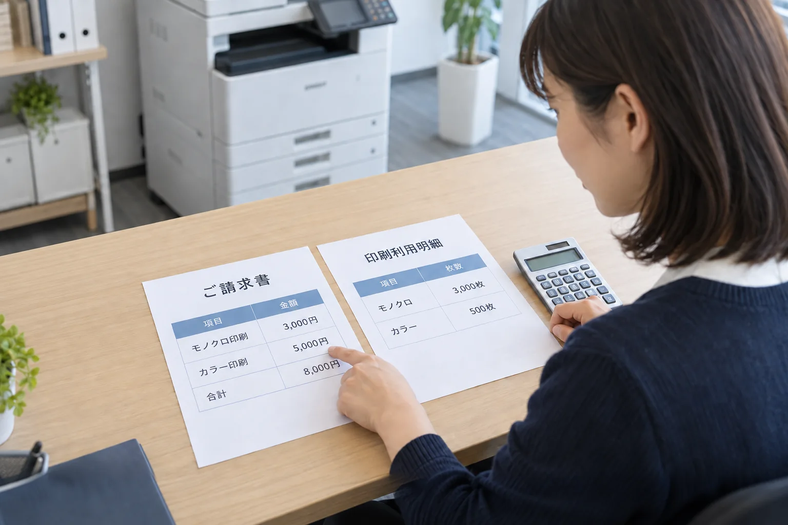 請求書と利用明細を電卓で照合する担当者