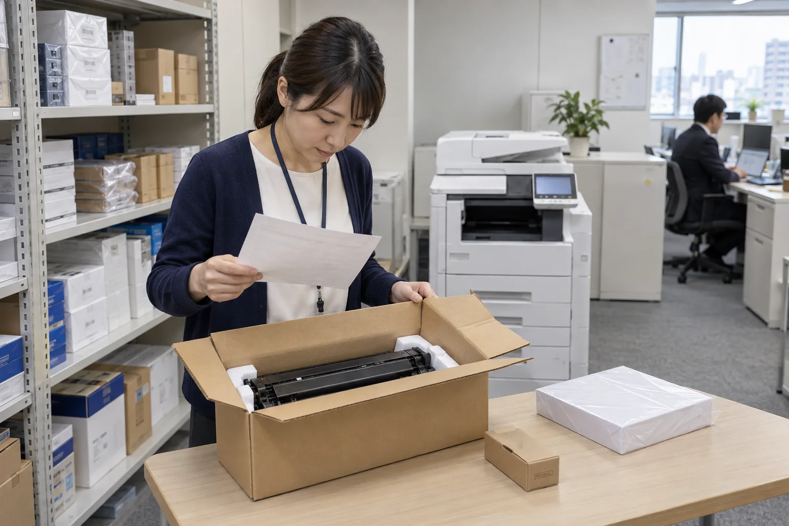 届いたトナーと用紙などの消耗品を確認する担当者