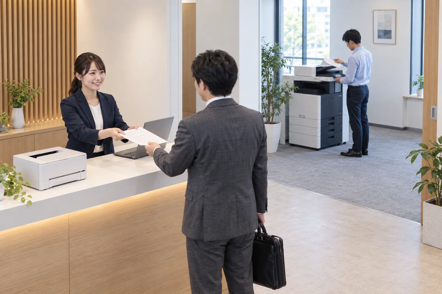 受付の小型プリンターとスタッフ側の共用複合機を、異なる仕事で同時に使うオフィス
