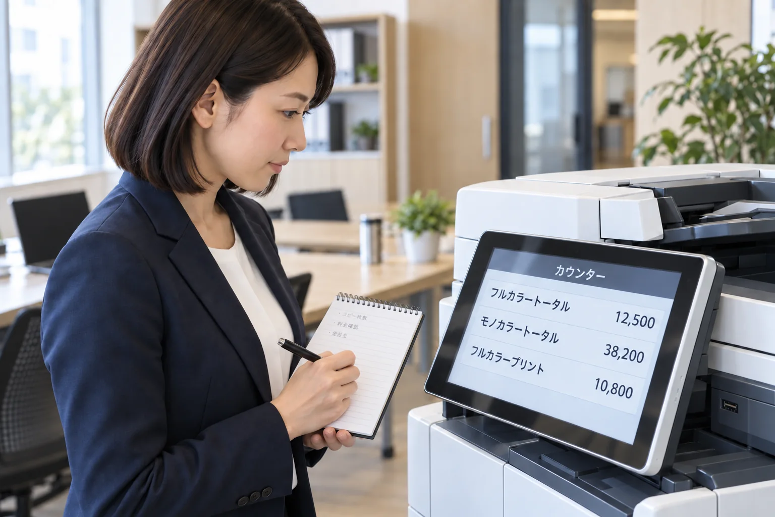 複合機のカウンター表示を確認してノートに記録する担当者