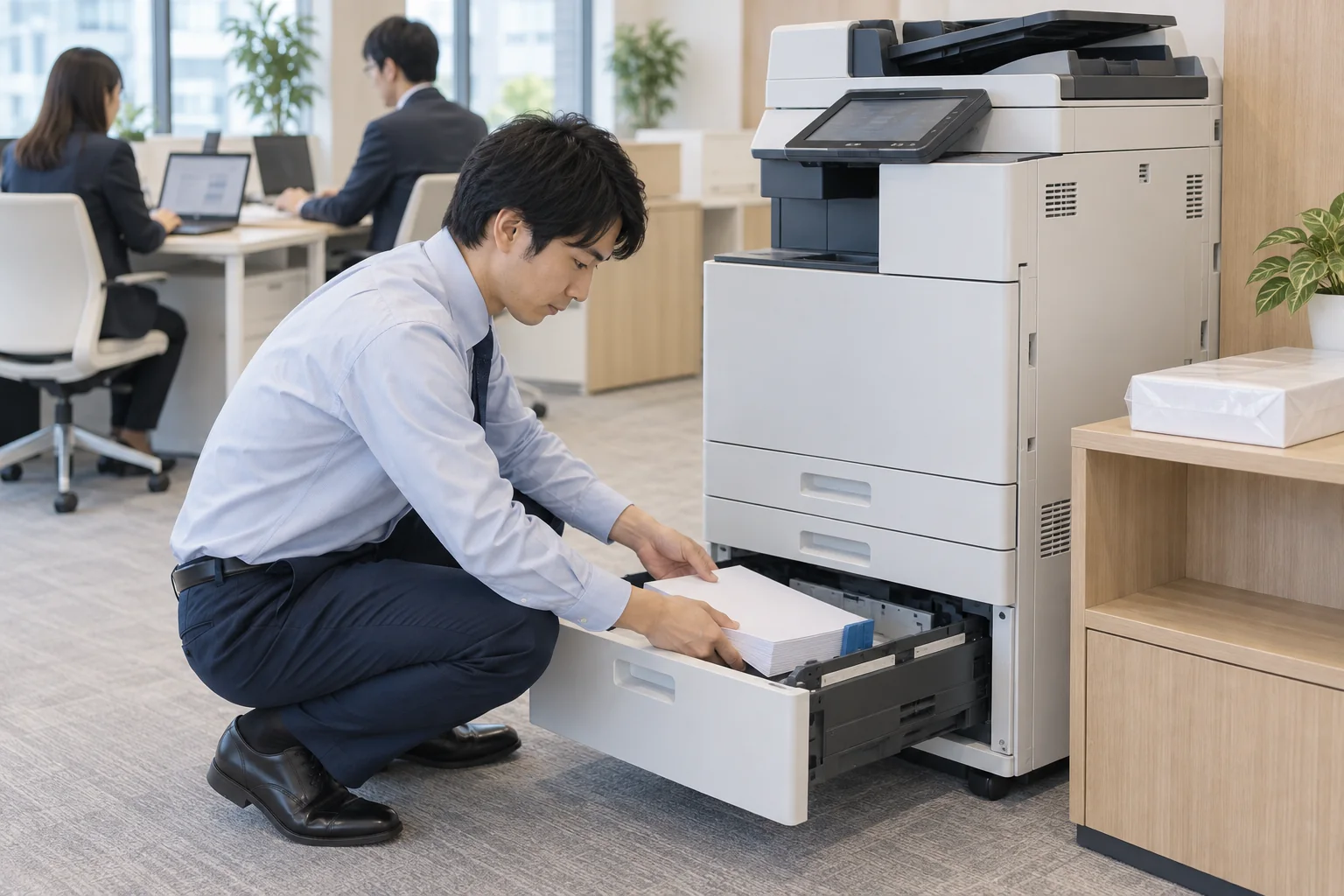 開いた給紙トレイへ用紙を補充する場面