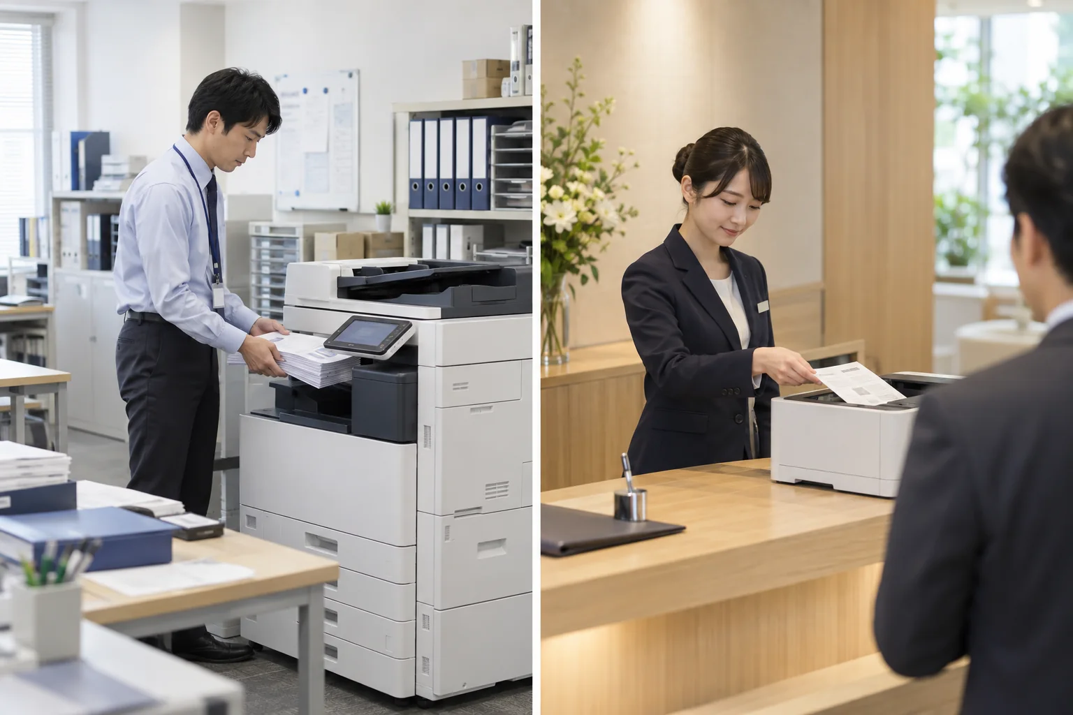 経理のまとまった出力と、受付での少量出力を別々の場所で行う二つの場面