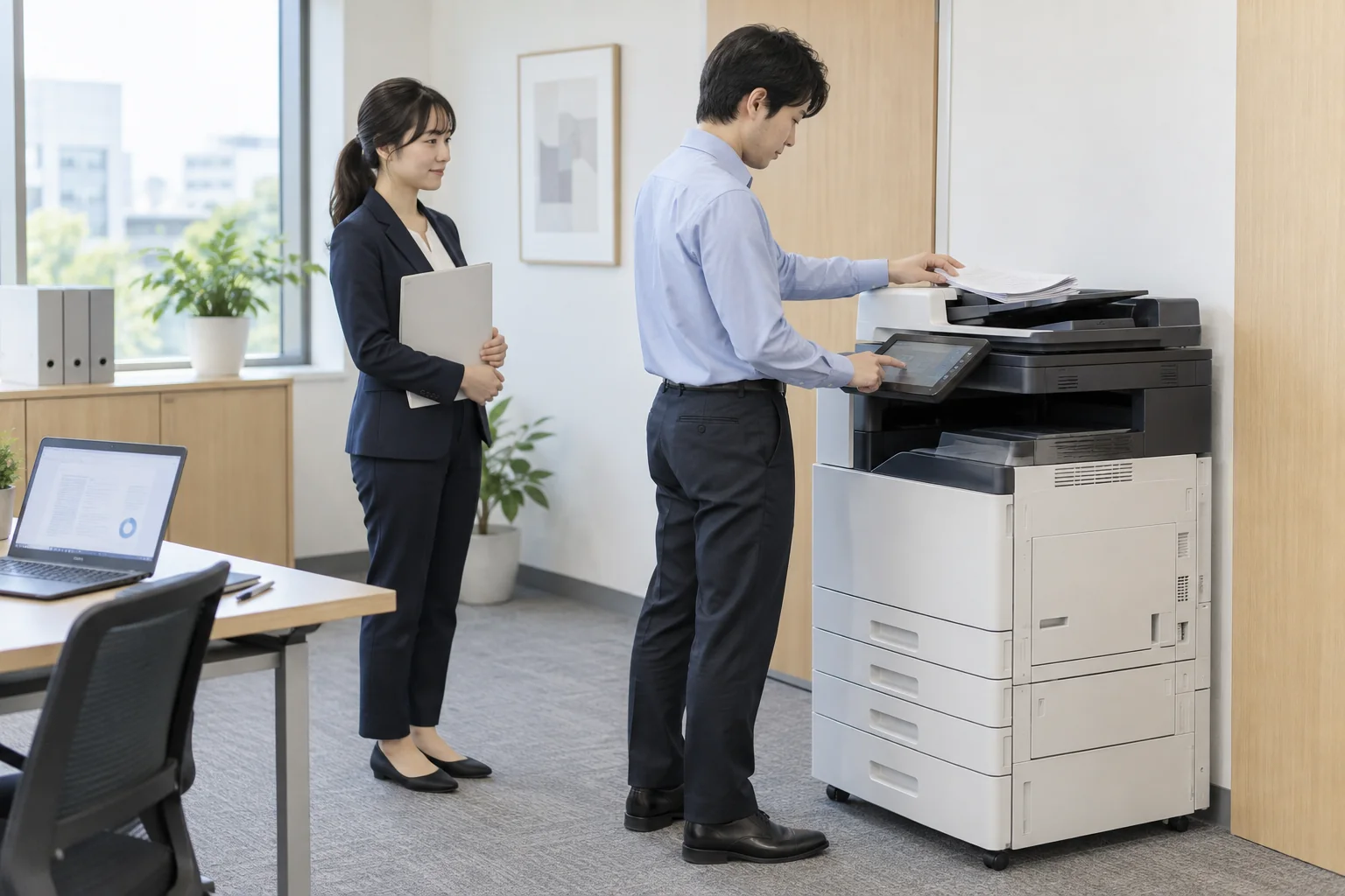 スキャンする人の後ろで、自分の書類を持って順番を待つ人