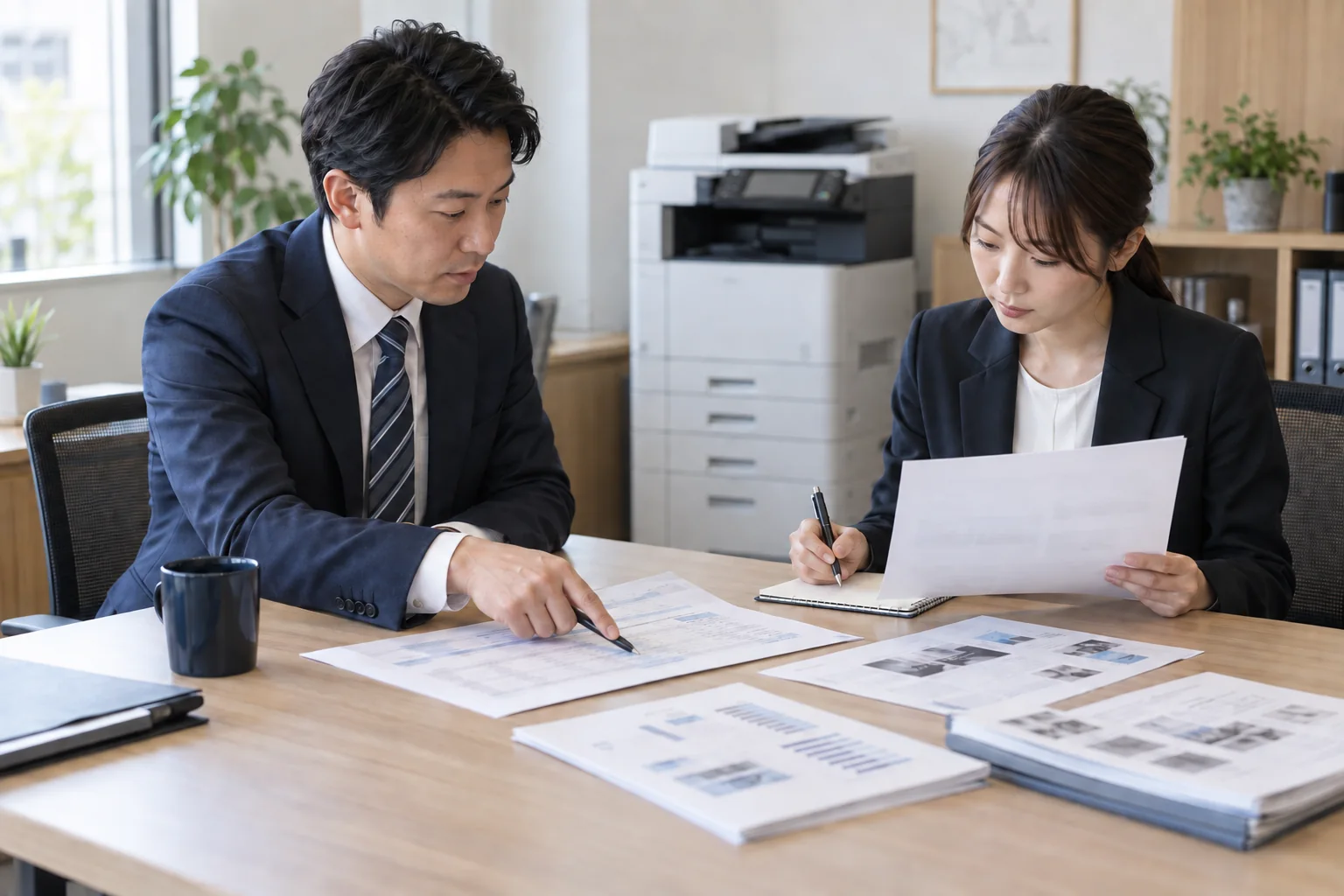 利用明細と印刷見本を見ながら現在の使い方を確認する二人