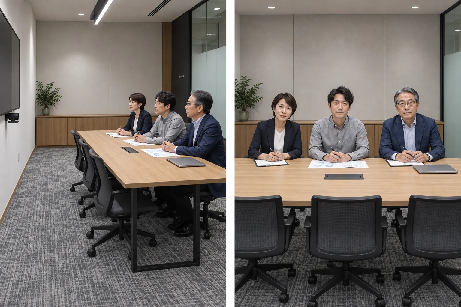 カメラに映る位置:会議室での座席とカメラの配置例