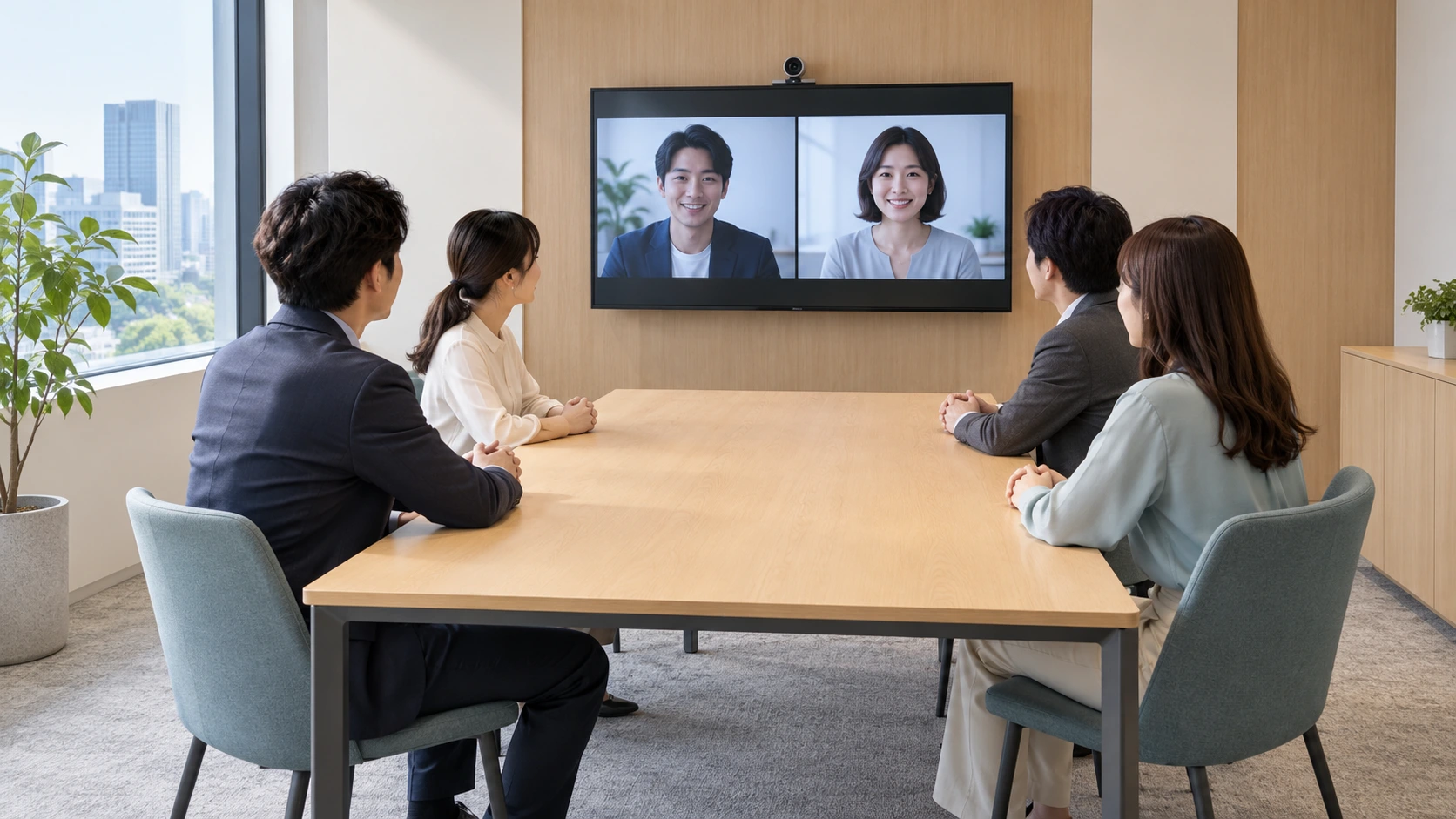 会議テーブルの短辺側の画面へ顔を向ける参加者