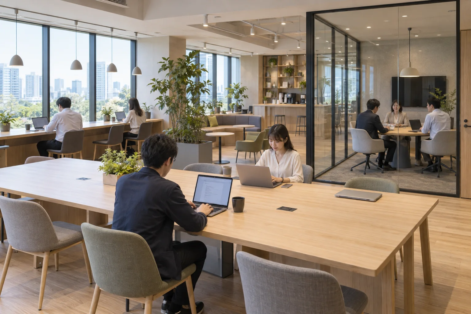 作業席や打ち合わせ場所を、複数の利用者が共有する空間の例です。