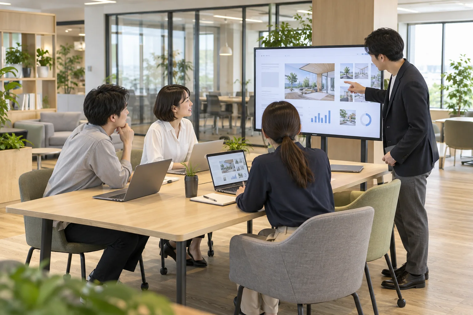 同じ資料や画面を見ながら、共同で作業を進める場の例です。