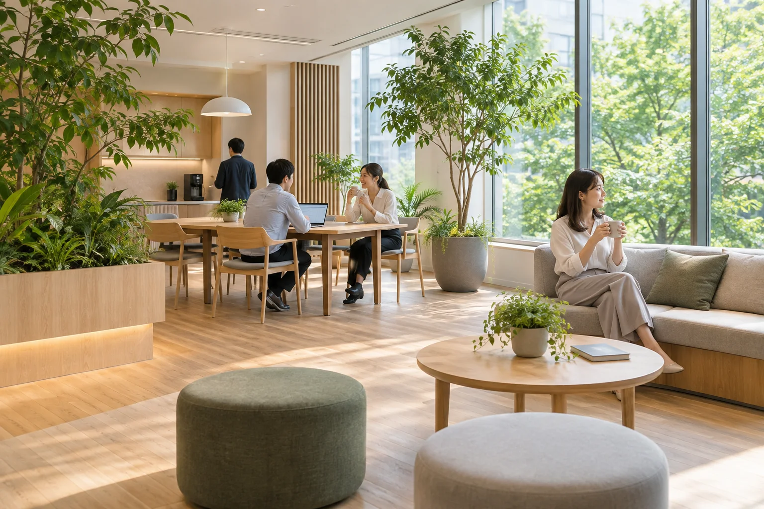 窓の外の緑や室内の植物、木の素材感を取り入れた空間の例です。