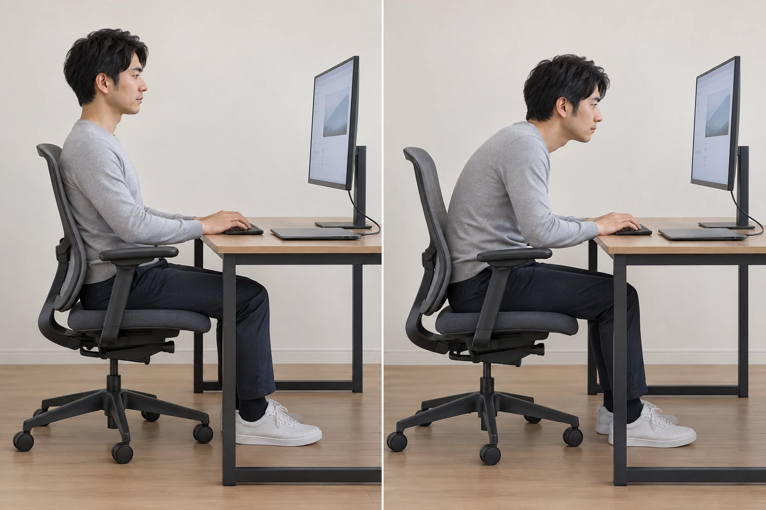 オフィスチェアで背もたれを使った姿勢と、前へ丸まった姿勢の比較です。背骨は椎骨を一つずつ表した図です。