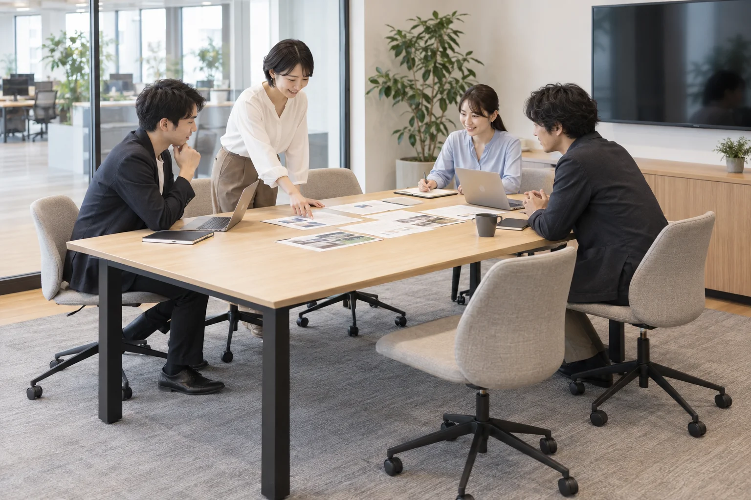 複数人が資料を広げて使うミーティングテーブルの例です。