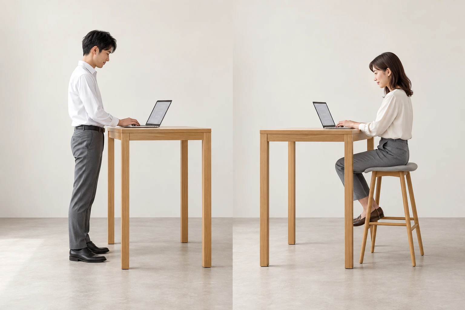 高い天板を立って使う場面と、足掛けのあるスツールを合わせる場面です。