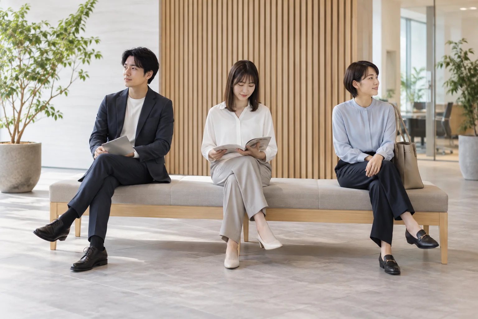 複数人が並んで座れる、長い座面のベンチの例です。