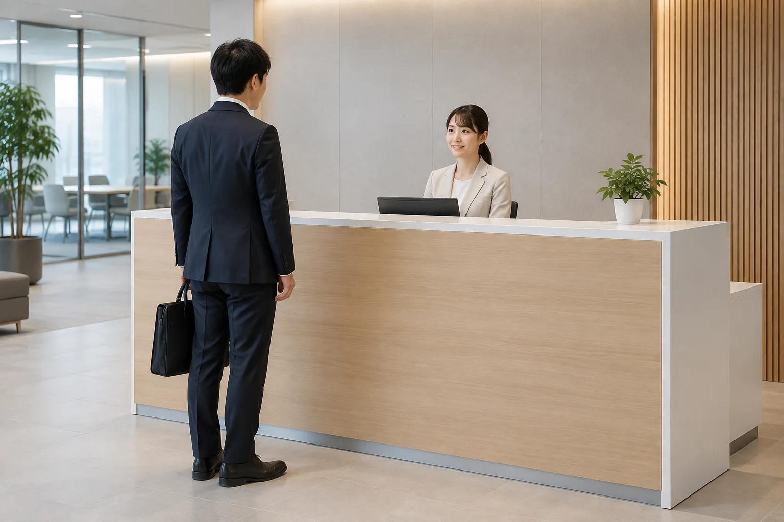 来訪者側と担当者側を分ける受付カウンターの例です。