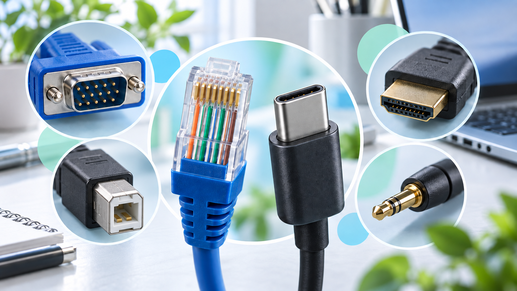VGA、USB-B、LAN、USB-C、HDMI、音声端子を配置したケーブル・端子図鑑のイメージ